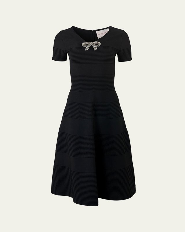 Crystal Bow V-Neck Flare Dress